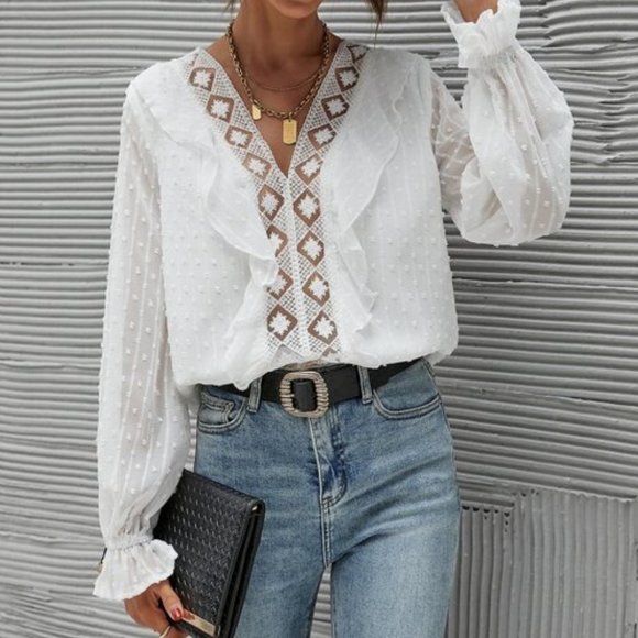 MODA ME COUTURE Tops - CLASSIC Flounce Sleeve Swiss Dot Blouse - off whit